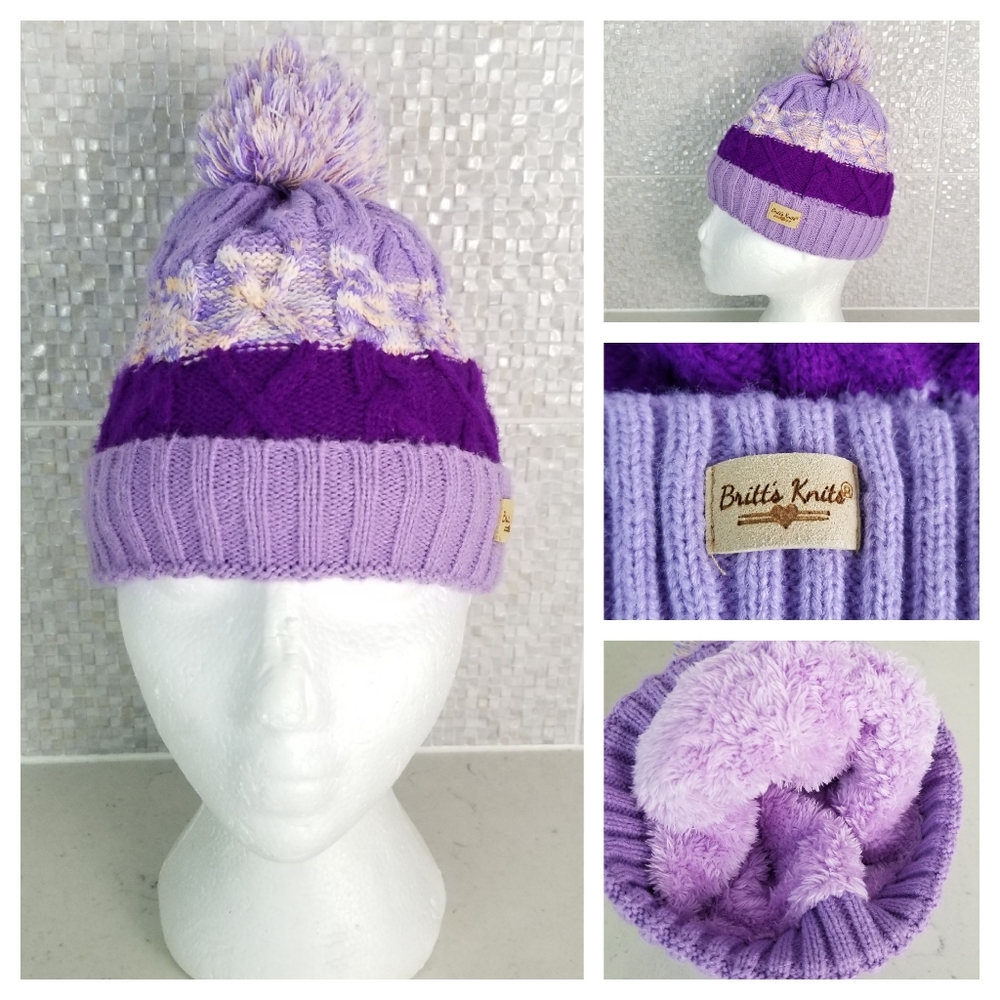 Britt's Knits Youth Purple Knit Winter Hat Pompom